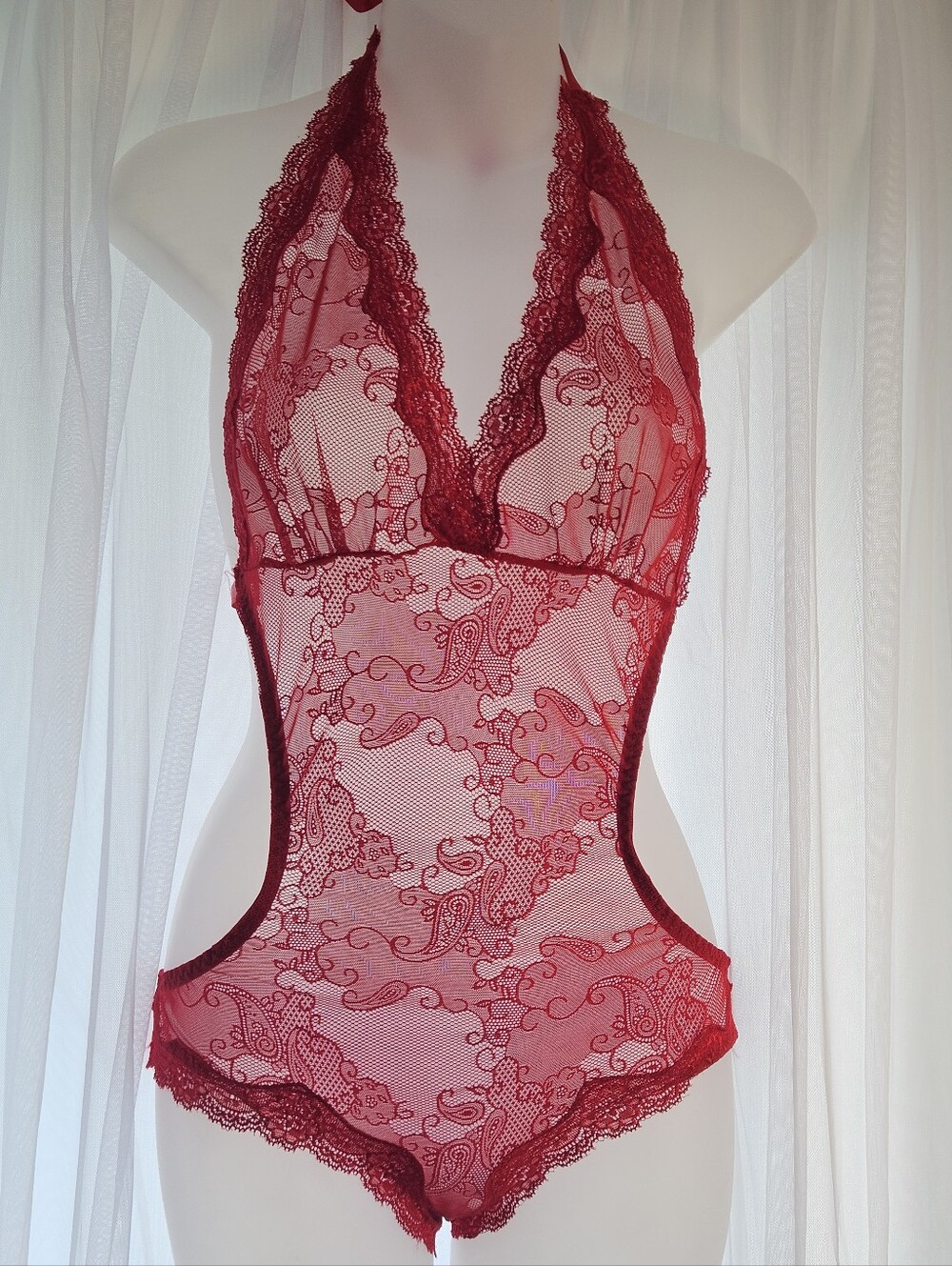 Yandy Red Lace Halter Teddy Bodysuit